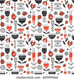 Seamless floral pattern with flying ladybirds