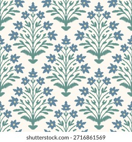 Patrón floral sin fisuras con flores azul folclóricas y hojas verdes en estilo ikat texturizado sobre fondo crema, diseño de repetición botánica para papel de envoltura de Fondo de pantalla textil de tela.