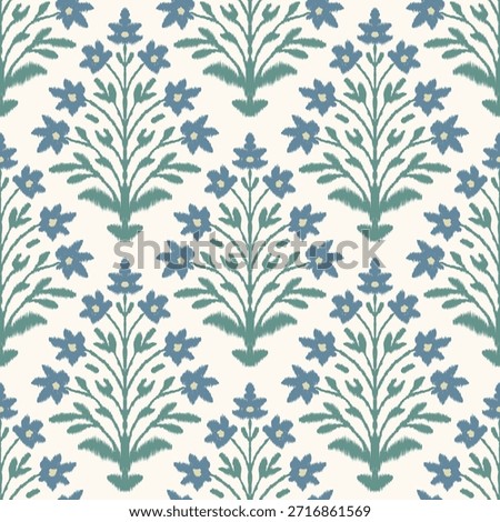 Seamless floral pattern with folk blue flowers and green leaves in textured ikat style on cream background, botanical repeat design for fabric textile wallpaper wrapping paper.