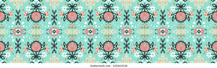 Seamless floral pattern folk colorful flowers and leaves. Flower embroidery. Talavera pattern. Indian patchwork. Turkish ornament. Spanish ethnic background. Mediterranean seamless wallpaper.