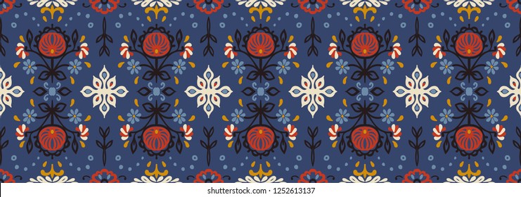 Seamless floral pattern folk colorful flowers and leaves. Flower embroidery. Talavera pattern. Indian patchwork. Turkish ornament. Spanish ethnic background. Mediterranean seamless wallpaper.