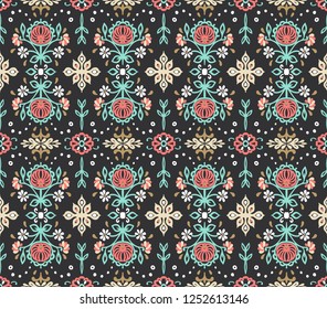 Seamless floral pattern folk colorful flowers and leaves. Flower embroidery. Talavera pattern. Indian patchwork. Turkish ornament. Spanish ethnic background. Mediterranean seamless wallpaper.