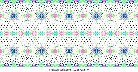 Seamless floral pattern folk colorful flowers and leaves. Flower embroidery. Talavera pattern.  Indian patchwork. Turkish ornament.  Spanish  ethnic background. Mediterranean seamless  wallpaper.