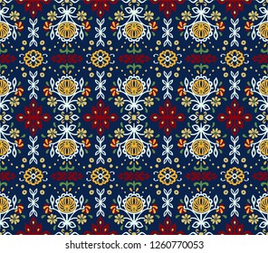 Seamless floral pattern folk colorful flowers and leaves. Indian embroidery. Talavera pattern. Turkish ornament. Spanish ethnic background. Mediterranean seamless wallpaper.
