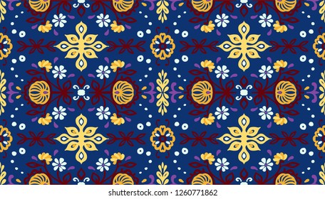 Seamless floral pattern folk colorful flowers and leaves. Indian embroidery. Talavera pattern. Turkish ornament. Spanish ethnic background. Mediterranean seamless wallpaper.