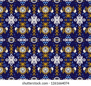 Seamless floral pattern folk colorful flowers and leaves. Indian embroidery. Talavera pattern. Turkish ornament. Spanish ethnic background. Mediterranean seamless wallpaper.