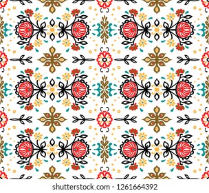 Seamless floral pattern folk colorful flowers and leaves. Indian embroidery. Talavera pattern. Turkish ornament. Spanish ethnic background. Mediterranean seamless wallpaper.
