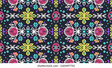 Seamless floral pattern folk colorful flowers and leaves. Indian embroidery. Talavera pattern. Turkish ornament. Spanish ethnic background. Mediterranean seamless wallpaper.