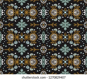 Seamless floral pattern folk colorful flowers and leaves. Indian embroidery. Talavera pattern. Turkish ornament. Spanish ethnic background. Mediterranean wallpaper. Bohemian style.