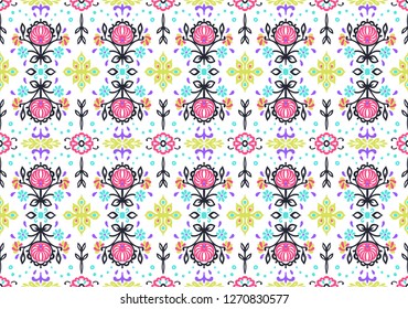 Seamless floral pattern folk colorful flowers and leaves. Indian embroidery. Talavera pattern. Turkish ornament. Spanish ethnic background. Mediterranean wallpaper.