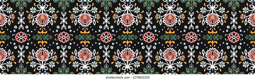 Seamless floral pattern folk colorful flowers and leaves. Indian embroidery. Talavera pattern. Turkish ornament. Spanish ethnic background. Mediterranean wallpaper.