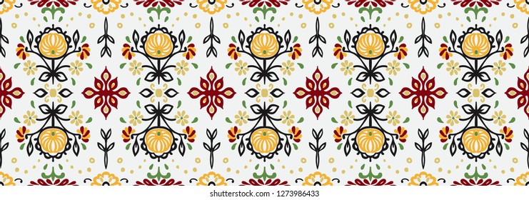 Seamless floral pattern folk colorful flowers and leaves. Indian embroidery. Talavera pattern. Turkish ornament. Spanish ethnic background. Mediterranean wallpaper. Bohemian style.