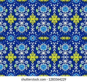 Seamless floral pattern folk colorful flowers and leaves. Indian embroidery. Talavera pattern. Turkish ornament. Spanish ethnic background. Mediterranean wallpaper. Bohemian style.