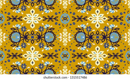 Seamless floral pattern folk colorful flowers and leaves. Indian embroidery. Talavera pattern. Turkish ornament. Spanish ethnic background. Mediterranean wallpaper. Bohemian style.