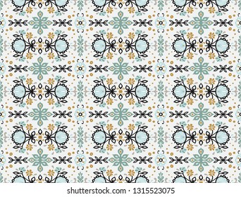 Seamless floral pattern folk colorful flowers and leaves. Indian embroidery. Talavera pattern. Turkish ornament. Spanish ethnic background. Mediterranean wallpaper. Bohemian style.