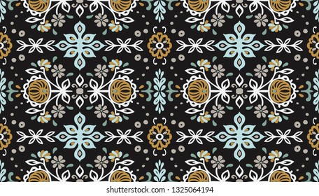 Seamless floral pattern folk colorful flowers and leaves. Indian embroidery. Talavera pattern. Turkish ornament. Spanish ethnic background. Mediterranean wallpaper. Bohemian style.