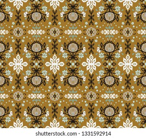 Seamless floral pattern folk colorful flowers and leaves. Indian embroidery. Talavera pattern. Turkish ornament. Spanish ethnic background. Mediterranean wallpaper. Bohemian style.