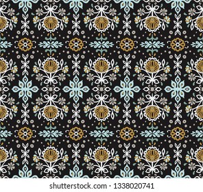 Seamless floral pattern folk colorful flowers and leaves. Indian embroidery. Talavera pattern. Turkish ornament. Spanish ethnic background. Mediterranean wallpaper. Bohemian style.