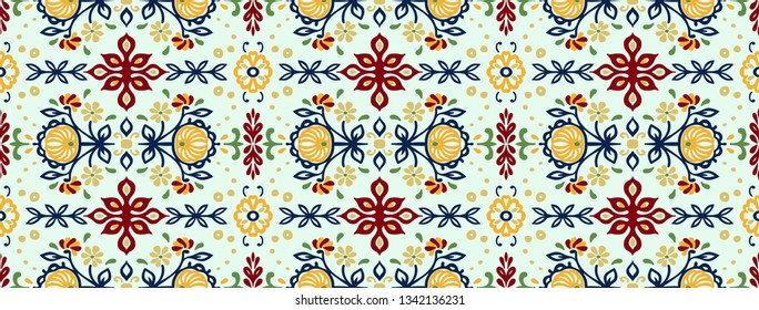 Seamless floral pattern folk colorful flowers and leaves. Indian embroidery. Talavera pattern. Turkish ornament. Spanish ethnic background. Mediterranean wallpaper.