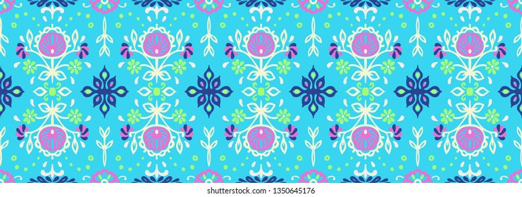 Seamless floral pattern folk colorful flowers and leaves. Indian embroidery. Talavera pattern. Turkish ornament. Spanish ethnic background. Mediterranean wallpaper. Bohemian style.