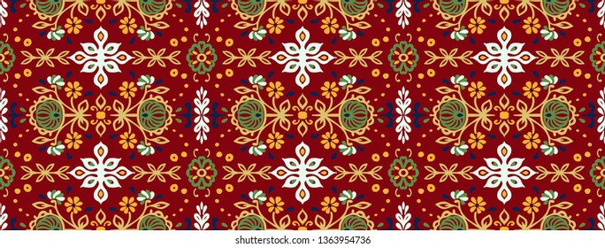 Seamless floral pattern folk colorful flowers and leaves. Indian embroidery. Talavera pattern. Turkish ornament. Spanish ethnic background. Mediterranean wallpaper.