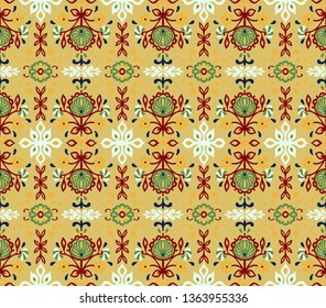 Seamless floral pattern folk colorful flowers and leaves. Indian embroidery. Talavera pattern. Turkish ornament. Spanish ethnic background. Mediterranean wallpaper.