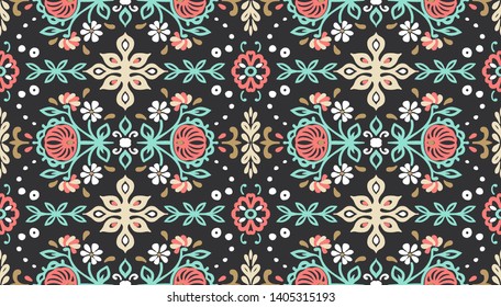 Seamless floral pattern folk colorful flowers and leaves. Flower embroidery. Talavera pattern. Indian patchwork. Turkish ornament. Spanish ethnic background. Mediterranean seamless wallpaper.