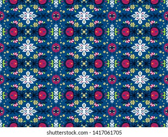 Seamless floral pattern folk colorful flowers and leaves. Flower embroidery. Talavera pattern. Indian patchwork. Turkish ornament. Spanish ethnic background. Mediterranean seamless wallpaper.