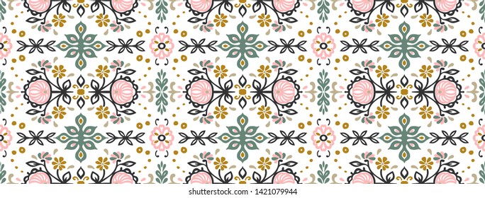 Seamless floral pattern folk colorful flowers and leaves. Flower embroidery. Talavera pattern. Indian patchwork. Turkish ornament. Spanish ethnic background. Mediterranean seamless wallpaper.