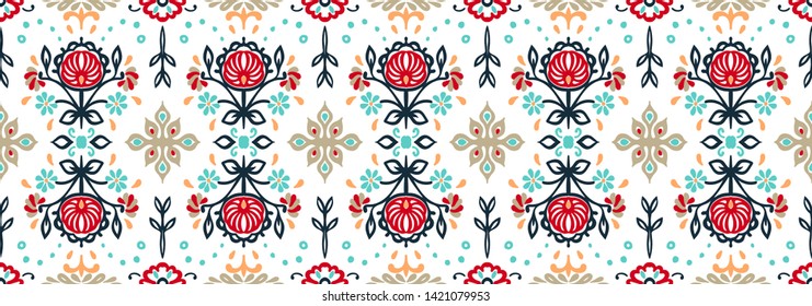 Seamless floral pattern folk colorful flowers and leaves. Flower embroidery. Talavera pattern. Indian patchwork. Turkish ornament. Spanish ethnic background. Mediterranean seamless wallpaper.