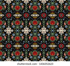 Seamless floral pattern folk colorful flowers and leaves. Flower embroidery. Talavera pattern. Indian patchwork. Turkish ornament. Spanish ethnic background. Mediterranean seamless wallpaper.