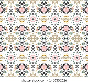 Seamless floral pattern folk colorful flowers and leaves. Flower embroidery. Talavera pattern. Indian patchwork. Turkish ornament. Spanish ethnic background. Mediterranean seamless wallpaper.