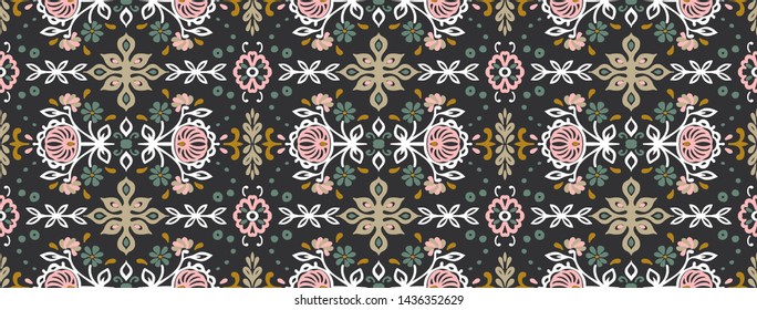 Seamless floral pattern folk colorful flowers and leaves. Flower embroidery. Talavera pattern. Indian patchwork. Turkish ornament. Spanish ethnic background. Mediterranean seamless wallpaper.