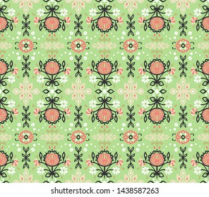 Seamless floral pattern folk colorful flowers and leaves. Flower embroidery. Talavera pattern. Indian patchwork. Turkish ornament. Spanish ethnic background. Mediterranean seamless wallpaper.