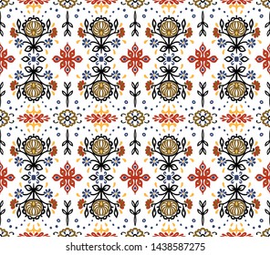 Seamless floral pattern folk colorful flowers and leaves. Flower embroidery. Talavera pattern. Indian patchwork. Turkish ornament. Spanish ethnic background. Mediterranean seamless wallpaper.