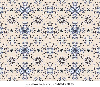 Seamless floral pattern folk colorful flowers and leaves. Flower embroidery. Talavera pattern. Indian patchwork. Turkish ornament. Spanish ethnic background. Mediterranean seamless wallpaper.