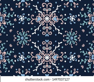 Seamless floral pattern folk colorful flowers and leaves. Flower embroidery. Talavera pattern. Indian patchwork. Turkish ornament. Spanish ethnic background. Mediterranean seamless wallpaper.