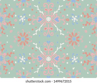 Seamless floral pattern folk colorful flowers and leaves. Flower embroidery. Talavera pattern. Indian patchwork. Turkish ornament. Spanish ethnic background. Mediterranean seamless wallpaper.