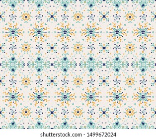 Seamless floral pattern folk colorful flowers and leaves. Flower embroidery. Talavera pattern. Indian patchwork. Turkish ornament. Spanish ethnic background. Mediterranean seamless wallpaper.