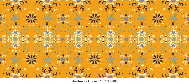 Seamless floral pattern folk colorful flowers and leaves. Flower embroidery. Talavera pattern. Indian patchwork. Turkish ornament. Spanish ethnic background. Mediterranean seamless wallpaper.