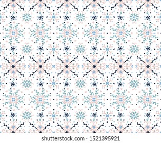 Seamless floral pattern folk colorful flowers and leaves. Flower embroidery. Talavera pattern. Indian patchwork. Turkish ornament. Spanish ethnic background. Mediterranean seamless wallpaper.