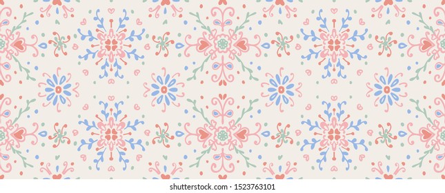 Seamless floral pattern folk colorful flowers and leaves. Flower embroidery. Talavera pattern. Indian patchwork. Turkish ornament. Spanish ethnic background. Mediterranean seamless wallpaper.