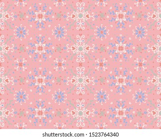 Seamless floral pattern folk colorful flowers and leaves. Flower embroidery. Talavera pattern. Indian patchwork. Turkish ornament. Spanish ethnic background. Mediterranean seamless wallpaper.