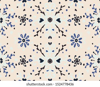 Seamless floral pattern folk colorful flowers and leaves. Flower embroidery. Talavera pattern. Indian patchwork. Turkish ornament. Spanish ethnic background. Mediterranean seamless wallpaper.