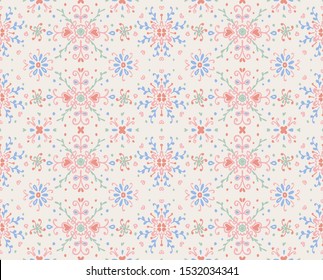 Seamless floral pattern folk colorful flowers and leaves. Flower embroidery. Talavera pattern. Indian patchwork. Turkish ornament. Spanish ethnic background. Mediterranean seamless wallpaper.