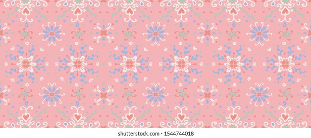 Seamless floral pattern folk colorful flowers and leaves. Flower embroidery. Talavera pattern. Indian patchwork. Turkish ornament. Spanish ethnic background. Mediterranean seamless wallpaper.