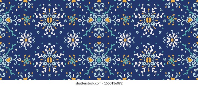 Seamless floral pattern folk colorful flowers and leaves. Flower embroidery. Talavera pattern. Indian patchwork. Turkish ornament. Spanish ethnic background. Mediterranean seamless wallpaper.
