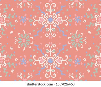 Seamless floral pattern folk colorful flowers and leaves. Flower embroidery. Talavera pattern. Indian patchwork. Turkish ornament. Spanish ethnic background. Mediterranean seamless wallpaper.