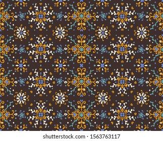 Seamless floral pattern folk colorful flowers and leaves. Flower embroidery. Talavera pattern. Indian patchwork. Turkish ornament. Spanish ethnic background. Mediterranean seamless wallpaper.