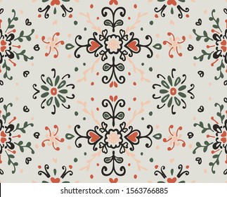 Seamless floral pattern folk colorful flowers and leaves. Flower embroidery. Talavera pattern. Indian patchwork. Turkish ornament. Spanish ethnic background. Mediterranean seamless wallpaper.